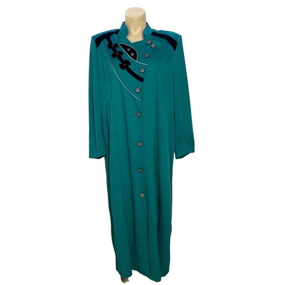 VTG Duster LARGE Turquoise Blue Bow Button Steampunk Victorian Long Jacket - Picture 1 of 8